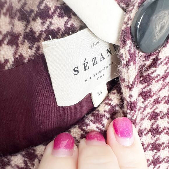Sezane Erza Burgundy Mini Houndstooth Wool Button Shoulder Mini Dress EU 34 US 2 - Picture 6 of 10